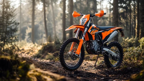 Enduro motorcycle with knobby tires parked in sunlit forest trail