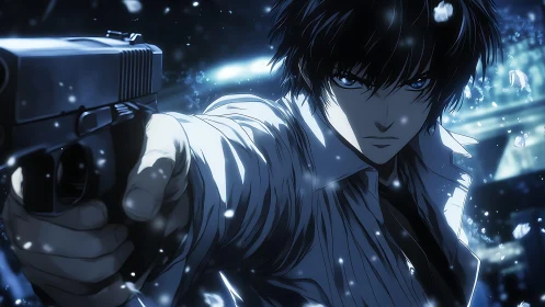 Dynamic anime gunman rendered with high-contrast cinematic lighting