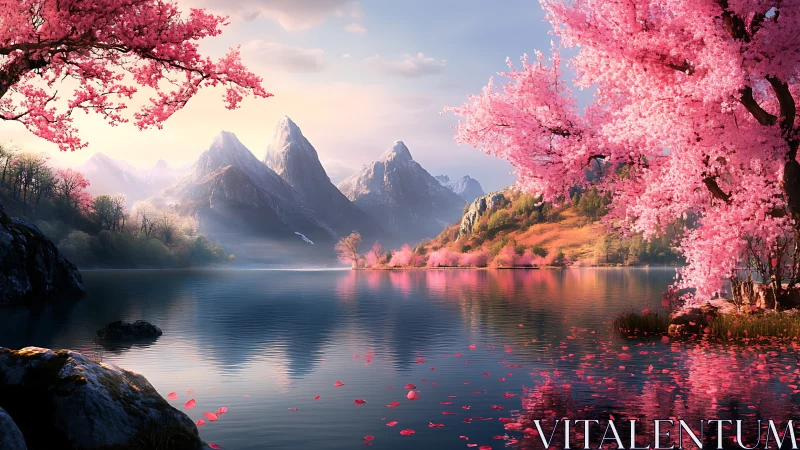 Chromatic alpine lake with sakura-laden shorelines rendered precisely.
