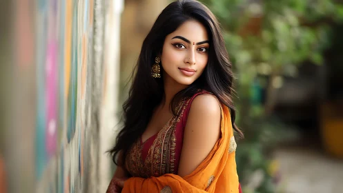 Elegant woman in traditional Indian attire with vibrant colors.