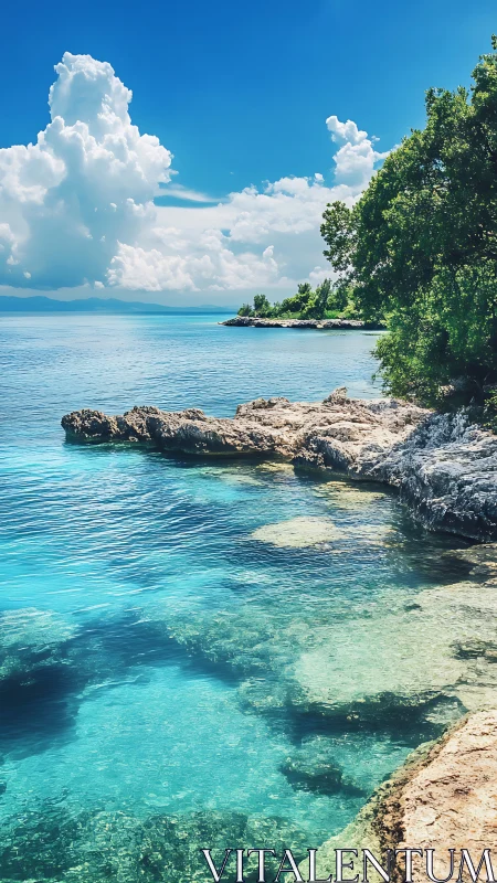 Turquoise cove whispers beneath sunlit clouds and pines.