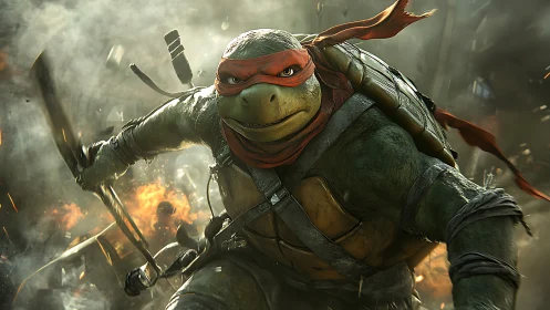 Battle-ready reptilian warrior in smoky urban inferno.