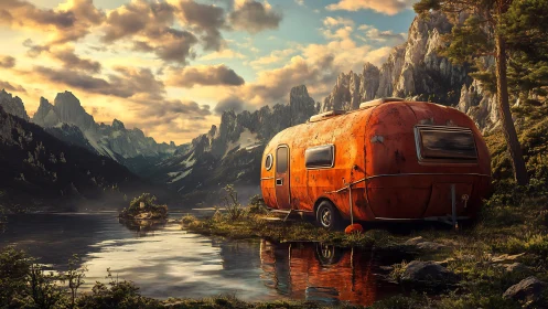 Rusty orange camper trailer beside calm alpine lake.