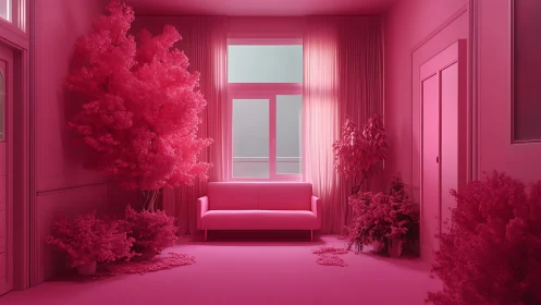 Monochromatic pink interior shows sofa, plants and window