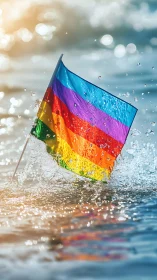 Vibrant rainbow flag splashes through sunlit ocean water