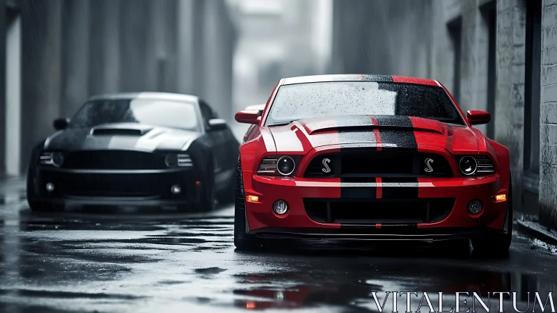 Rain-slicked muscle duel where crimson stripes stalk shadows.