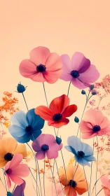 Colorful cosmos flowers arranged against soft peach background