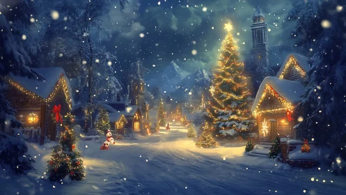 Snowy Christmas village street under glowing festive lights.