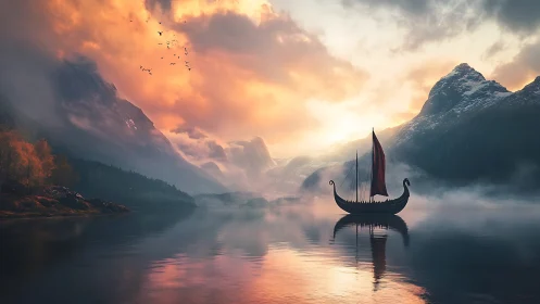Viking longship on misty fjord at sunrise, calm waters.