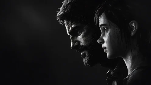 Monochrome dual portrait in dramatic side lighting profile.