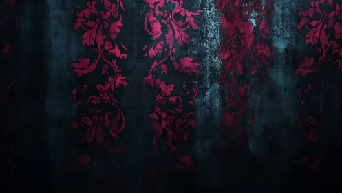 Crimson flourishes on weathered midnight walls glow softly.