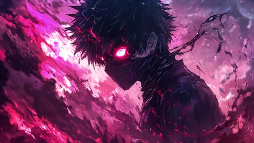 Masked anime figure with glowing eyes in swirling energy field.