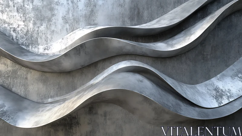 Curved metallic bands form layered relief on textured wall