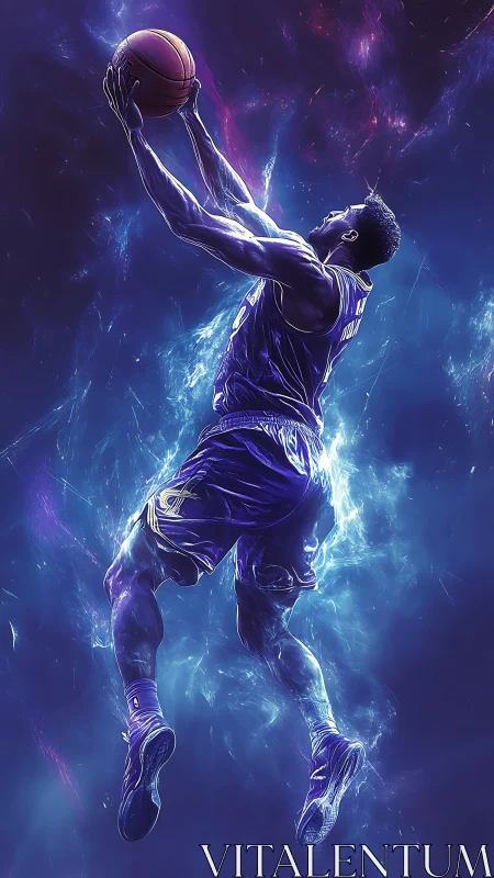 Electric basketball dunker ascends through cosmic light.
