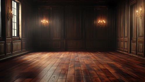 Empty classic wood paneled room with warm floor lighting.