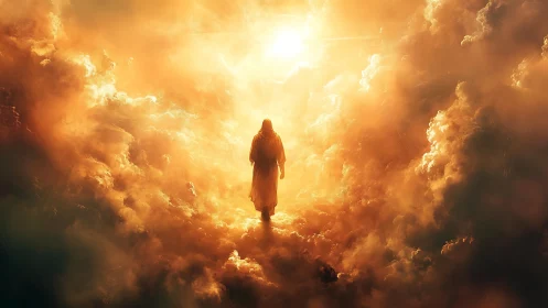 Luminous figure ascending through blazing celestial clouds.
