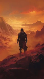 Solitary explorer crosses stormlit scarlet desert horizon.