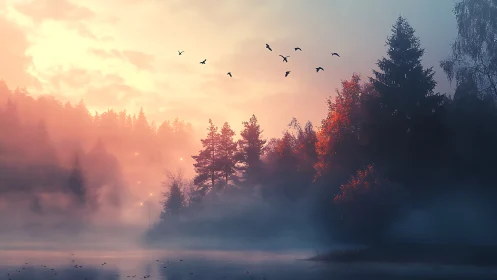 Soft dawn mist over quiet forest lake at autumn sunrise.