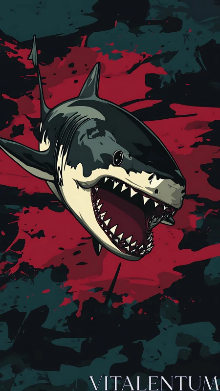 Ferocious shark lunges through bloody abstract waters.