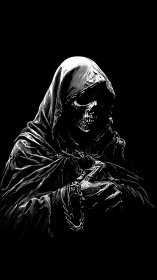 High-contrast skeletal reaper rendered in monochrome crosshatching