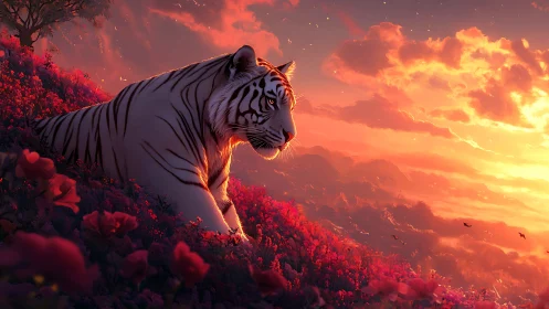 White tiger on flowered hillside at vivid sunset horizon.