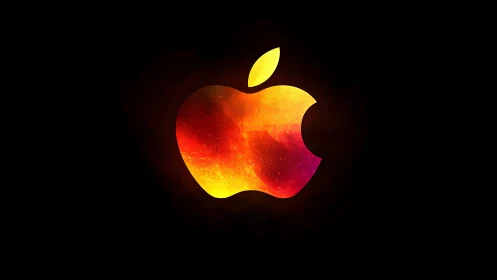 Glowing galaxy apple logo with warm fiery colors.