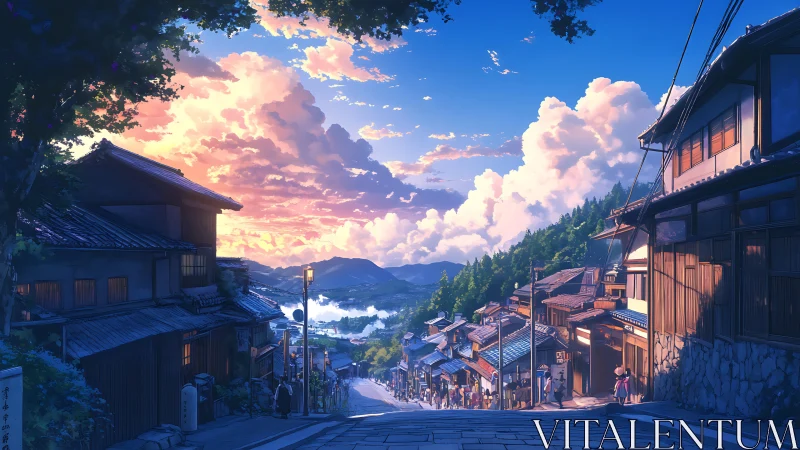 Sunset stroll down a hilltop village into cloud-soft horizons.