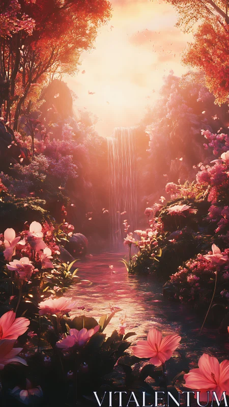 Luminous fantasy waterfall valley with pink floral reflections