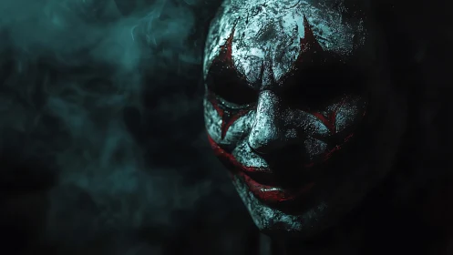 Clown mask with cracked paint emerges from dark smoky scene