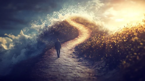 Solitary figure walking path between sea and glowing field.