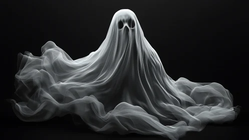 Volumetric spectral drapery forming a centralized ghost figure.