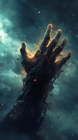 Infernal void hand erupts through cosmic storm haze.
