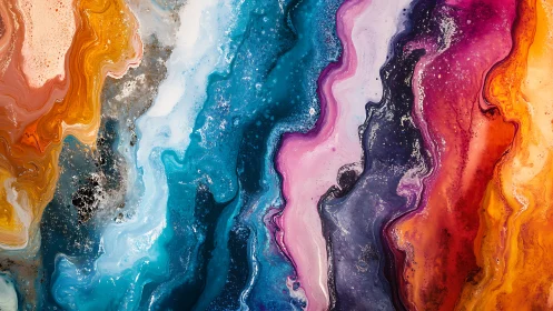 Multicolored fluid abstract composition with layered bands.