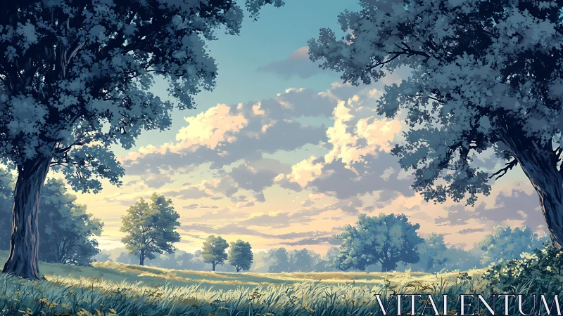 Digital landscape depicts open meadow framed by two trees