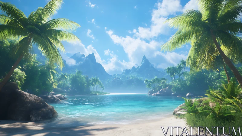 Tropical Lagoon with Limestone Formations and Palm Vegetation.