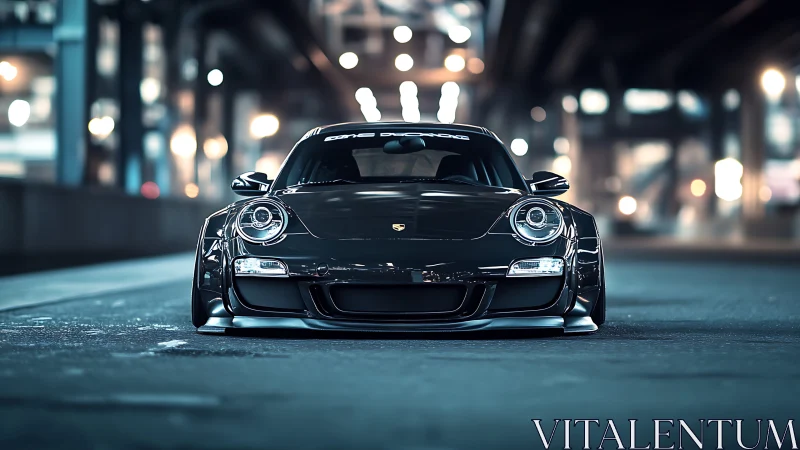 Night-lit sports car waits low and sleek beneath city lights