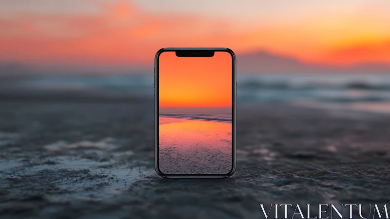 Smartphone displaying sunset landscape scene on sandy beach