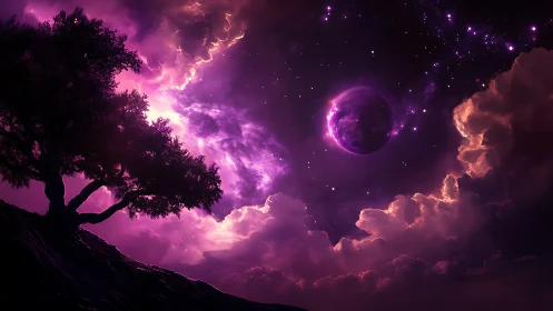 Starlit magenta nebula frames silhouetted tree under luminous exoplanet