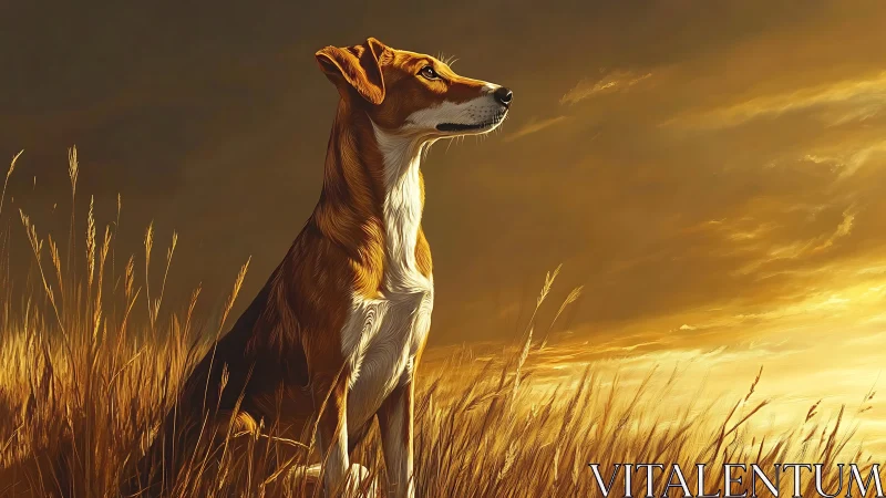 Golden-hour canine portrait in windswept prairie light.