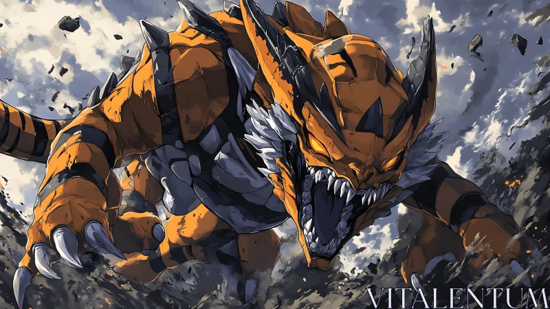 Armored dragon beast lunges forward through shattered ground