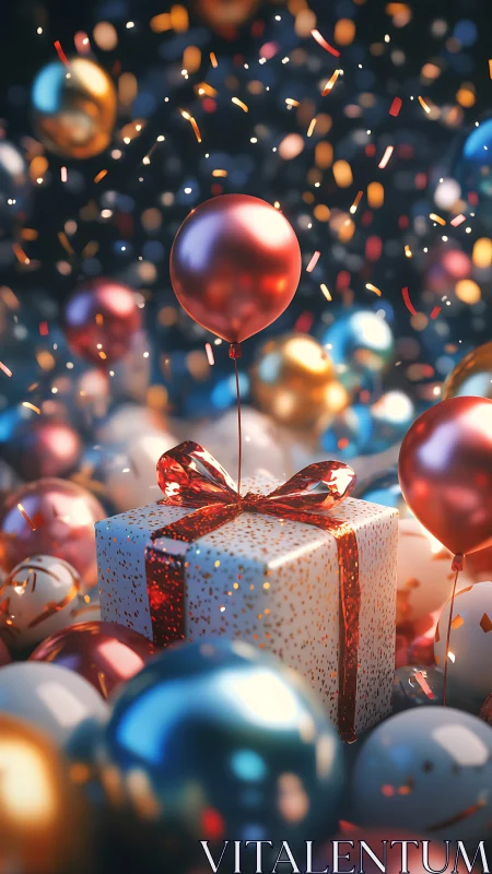 Gift box with balloon surrounded by glossy party ornaments
