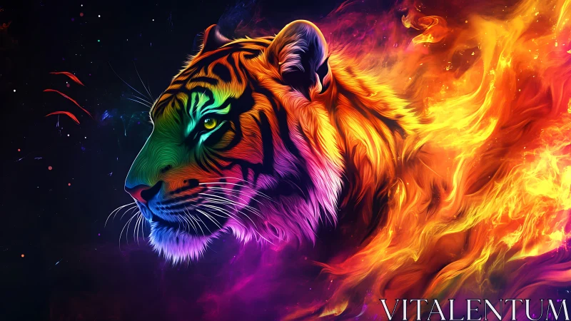 Neon tiger profile with abstract flame-like color trails.