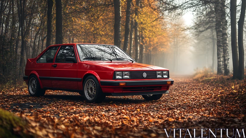Red classic Volkswagen coupe on misty autumn forest track