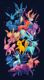 Stylized arrangement of multicolored foxlike fantasy creatures.