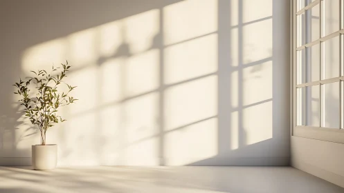 Sunlit potted tree quietly conducts a minimalist shadow symphony