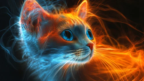 Neon Cat Portrait. Electric Blue and Orange Energy.
