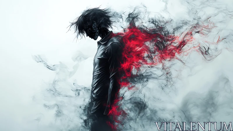 Solitary dark figure dissolves into red and black smoke