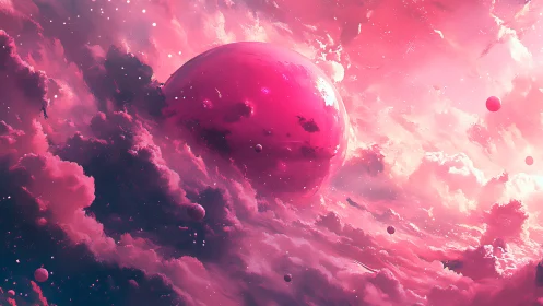 Crimson gas giant drifts through luminous pink nebula
