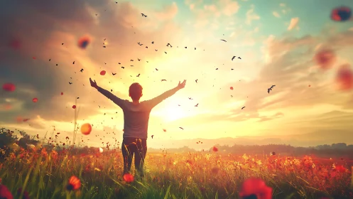 Backlit figure celebrates sunrise in glowing poppy meadow