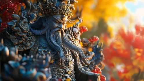 Ornate war god statue stands amid glowing autumn foliage